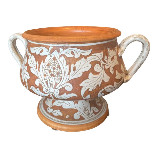 Italian Hand Painted Two Piece Centerpiece/Planter Featuring an Upper Bowel With Handles For Sale