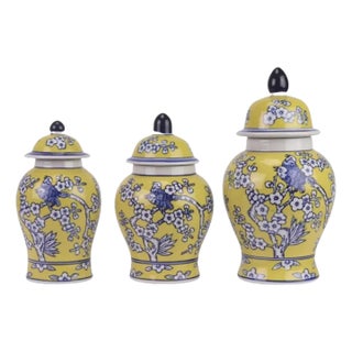 Set of 3 Yellow & Blue Floral Food Safe Jars For Sale