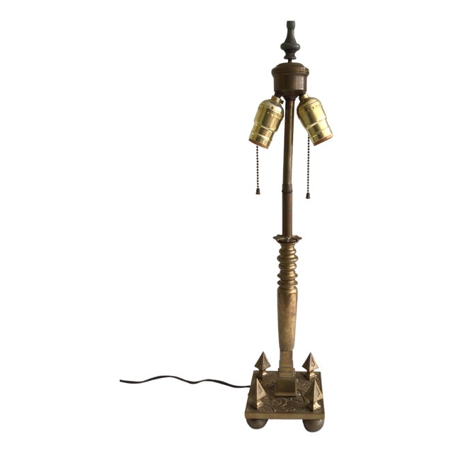 1930s Brass Candlestick Table Lamp With Spikes and Ball Feet at Base For Sale