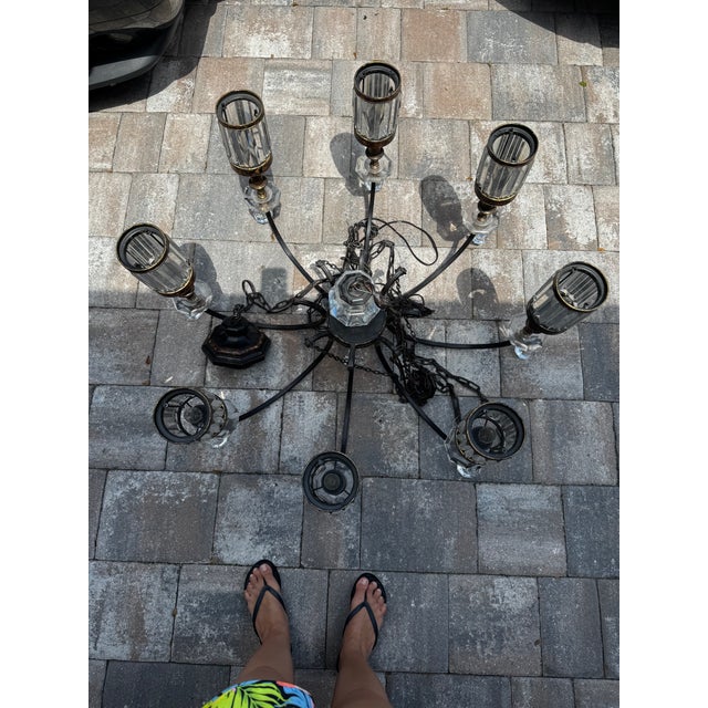 Burnt Umber Contemporary Fine Art Lamps Eaton Place Rustic Iron Crystal Chandelier. Great Condition For Sale - Image 8 of 13