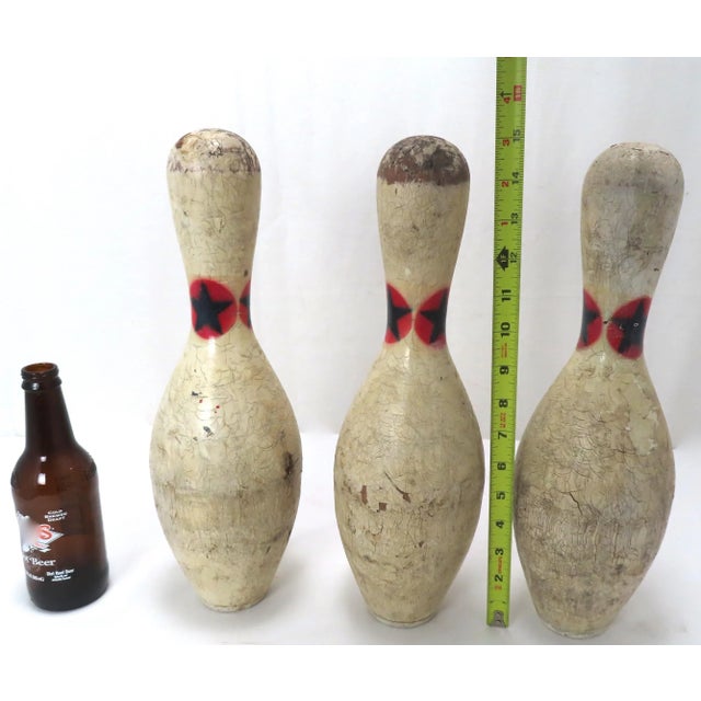 Wood Original Vintage American Mid 20th Century Wood Bowling Pins. Lot of 3 For Sale - Image 7 of 10