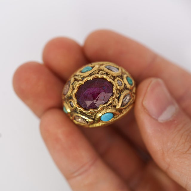Vintage Ruby Rose Cut Diamond & Turquoise 18k Gold Ring, Size 8 For Sale - Image 4 of 7