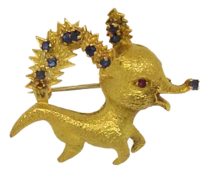 Sapphire & Ruby 18k Yellow Gold Baby Reindeer French Pin Brooch