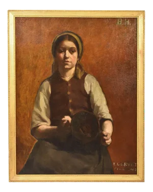 Young Woman Portrait with Copper Vase, Oil Painting, Early 20th Century