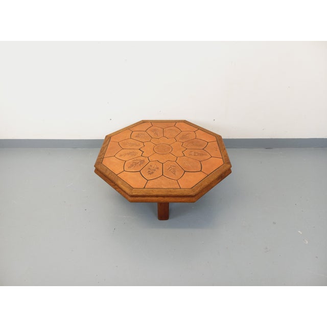 Octagonal Oak Coffee Table from Barrois with Vallauris Ceramic Herbarium Top, 1960s For Sale - Image 12 of 17