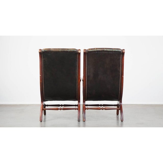 Set of Set of Vintage English Chesterfield Armchairs in Green Cowhide and Wood For Sale - Image 3 of 15