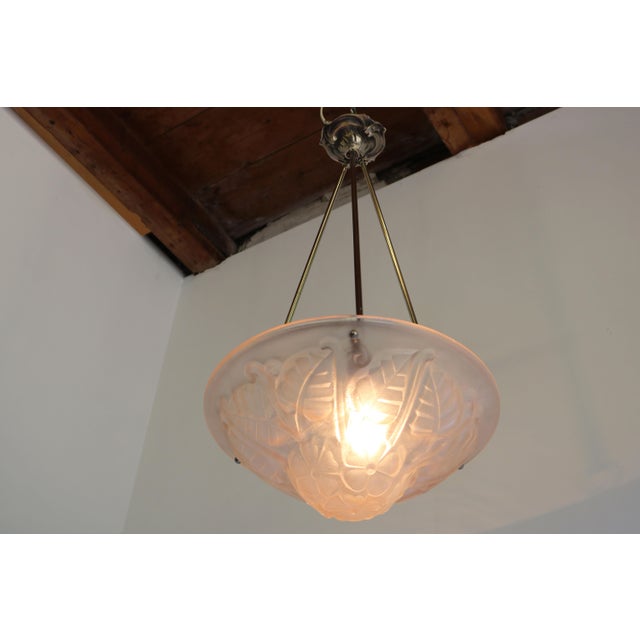 Antique Art Deco Art Nouveau Floral Pendant Chandelier in Soft Pink by Degue, 1930 For Sale - Image 3 of 14
