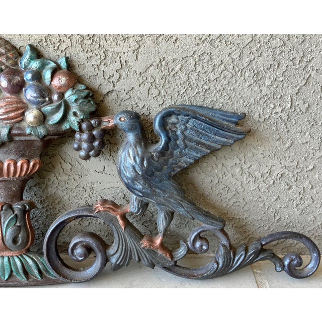 Circa Late 19th-Century Cast Iron Victorian-Style Pediment With Fruit Urn & Swooping Ravens For Sale - Image 16 of 18