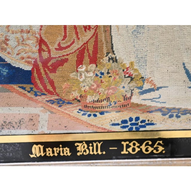 Wood Antique Italian Needlepoint Tapestry of Courtly Maidens, 1865 For Sale - Image 7 of 12