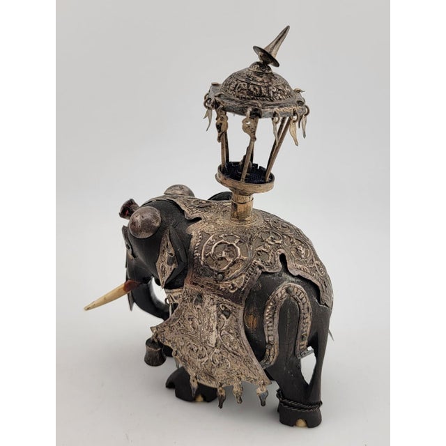 Rare Antique Indian Ebony Silver Overlay Jeweled Elephant W Real Ruby Stone. For Sale - Image 13 of 18