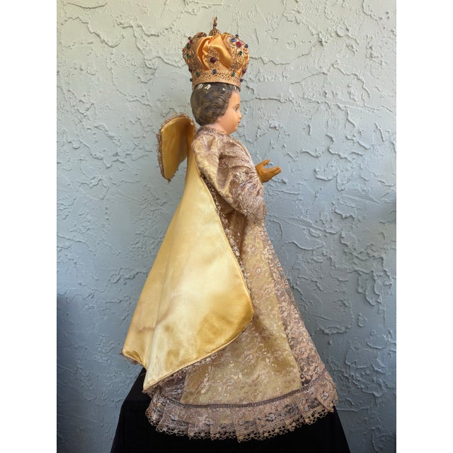 Gold Vintage Child Jesus of Prague Religious Statue With Crown & Embellished Lace Robes For Sale - Image 8 of 12
