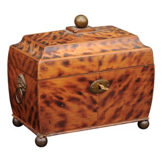 English Victorian 1870s Tea Caddy with Faux Painted Tortoise Finish and Brass For Sale