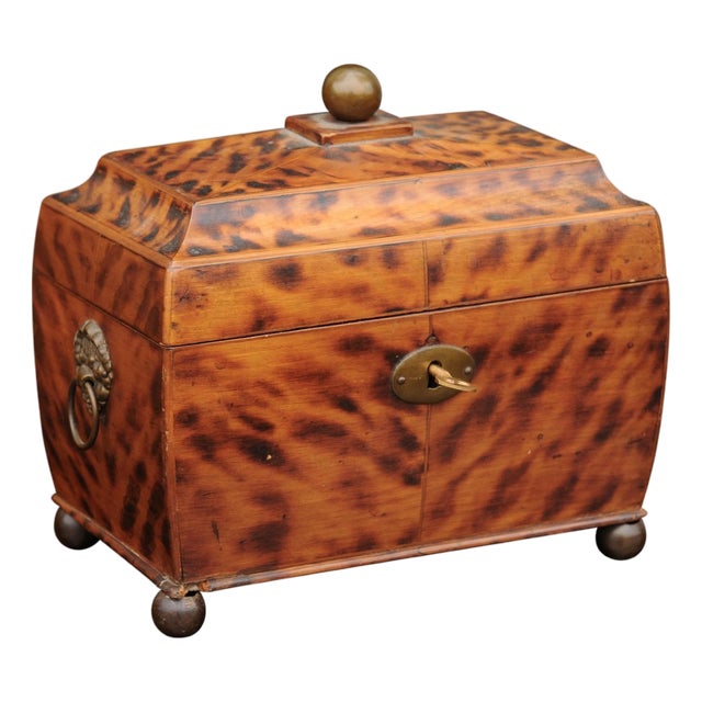 English Victorian 1870s Tea Caddy with Faux Painted Tortoise Finish and Brass For Sale