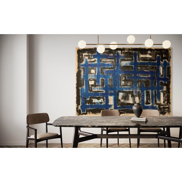 Original abstract painting by J. Kent Martin featuring layered blue, black, and neutral tones arranged in a grid-like...