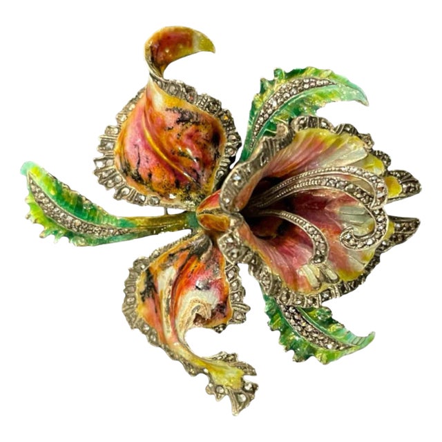 Mid-Century Silver Enamelled Orchid or Iris Flower Brooch For Sale