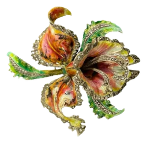 Mid-Century Silver Enamelled Orchid or Iris Flower Brooch