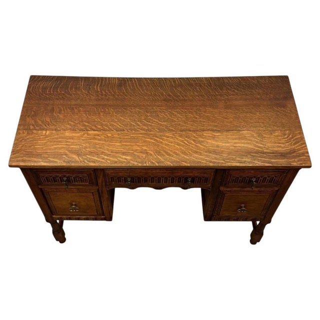 Antique English Edwardian Carved Oak Desk, 1910 For Sale - Image 6 of 12