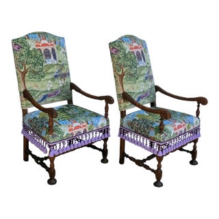 Pair 18th Century French Louis XIV Zoffany Upholstered Walnut Open Armchairs (Fauteuils) For Sale
