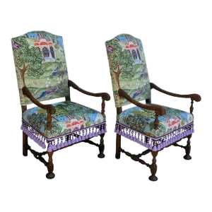 Pair 18th Century French Louis XIV Zoffany Upholstered Walnut Open Armchairs (Fauteuils)