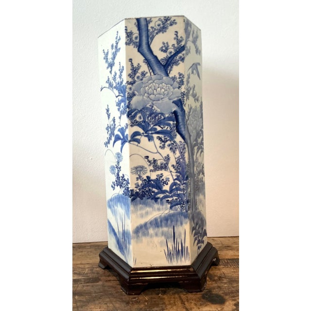Wood Vintage Asian Blossom Blue and White Umbrella Stand For Sale - Image 7 of 12