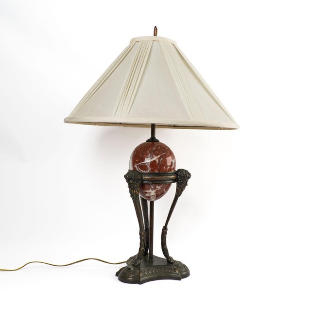 Art Deco Vintage Neoclassical Athénienne Table Lamp With Red Marble Orb & Pleated Shade For Sale - Image 3 of 17