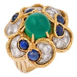 French Vintage Emerald Sapphire Diamond 18k Yellow Gold Cocktail Ring, Size 6.5 For Sale