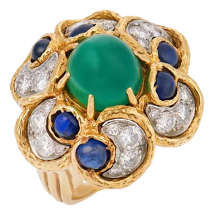 French Vintage Emerald Sapphire Diamond 18k Yellow Gold Cocktail Ring, Size 6.5