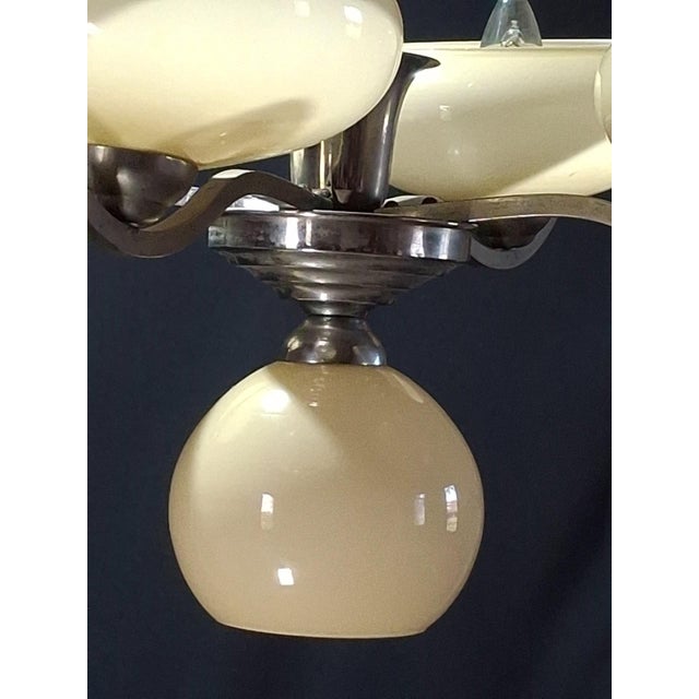 Chrome Metal Chandelier with Five Pale Yellow Opaline Shades, 1950s For Sale - Image 6 of 7