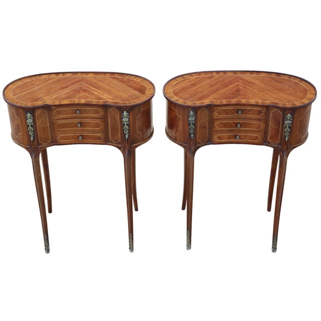Vintage Kidney-Shaped Inlaid Veneer Bedside Tables, 1925, Set of 2 For Sale - Image 3 of 12