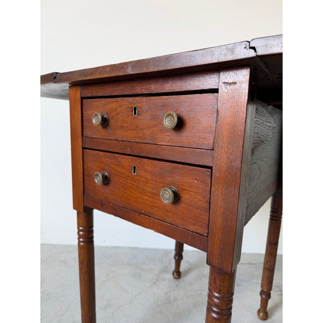 Antique Walnut Drop-Leaf Side Table With Two Drawers & Turned Legs For Sale - Image 4 of 12