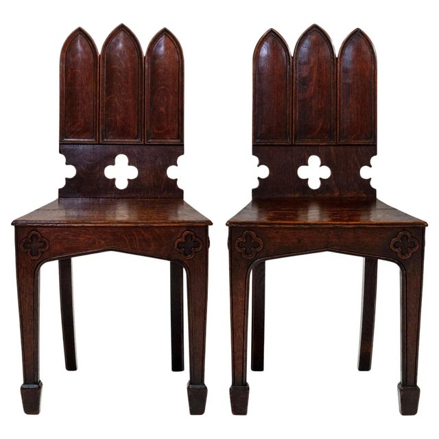 English Regency Gothic Revival Oak Hall Chairs, 1830s, Set of 2 For Sale - Image 10 of 18