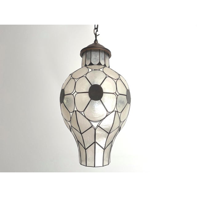 Boho Chic Feldman Capiz Shell Floral Pendant Light, 1960s For Sale - Image 3 of 18