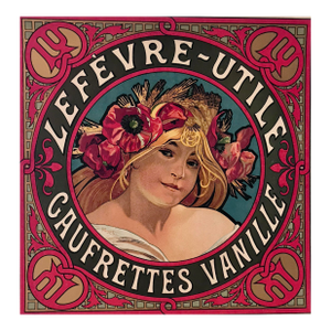 1900 Original Lefevre-Utile (Biscuits Lu) Gaufrettes Vanille Biscuits Label, Girl With Anemone Crown (Mucha)