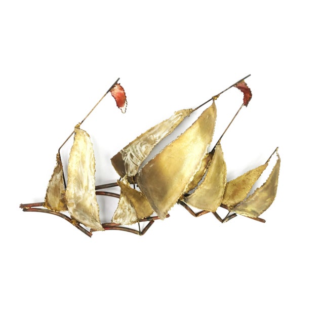 Vintage mid century Brutalist stylized sailboats abstract metal wall-mounted sculpture. This is a great Brutalist design...