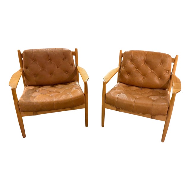 Armchair in Beech & Leather by Ingemar Thillmark for Ope, 1960s, Set of 2 For Sale