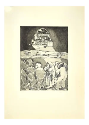 Spaceship and Figures, Etching, Late 20th-Century