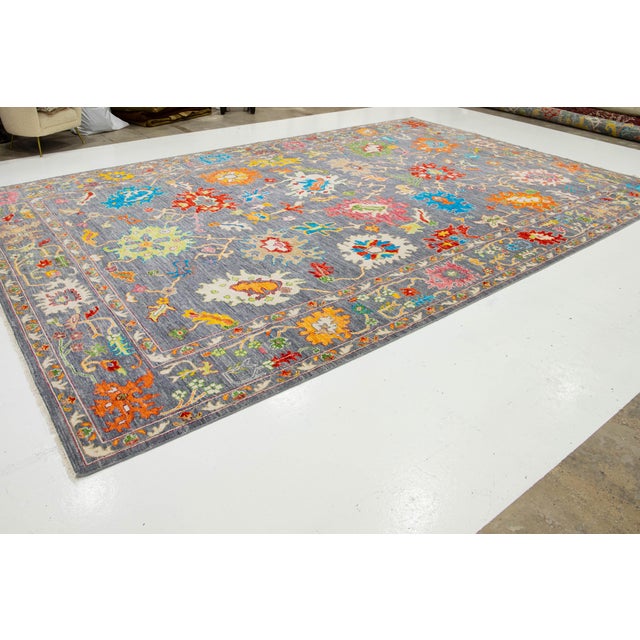HandCrafted Modern Oushak Style Gray Wool Rug With Multicolored Floral For Sale - Image 4 of 9