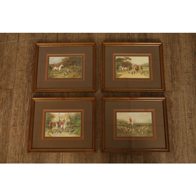 Set Of Four Framed Fox Hunt Scene Prints Featuring Traditional English Equestrian Hunting Scenes With Riders, Hounds, And...