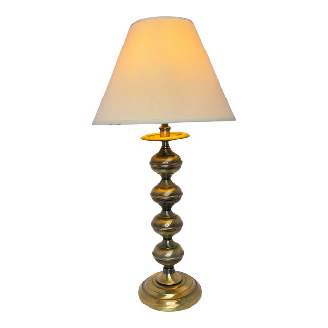 Mid Century Modern Brass Turned Table Lamp With Shade- 2 Pieces For Sale
