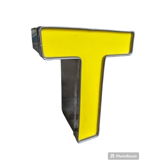 Metal Mid Century Modern Metal and Acrylic Yellow Marquee Letter T For Sale - Image 7 of 12