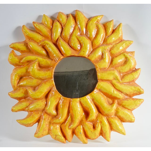 Vintage Mexican-style folk art sunflower mirror relief wall sculpture. Design: Features a bright yellow and orange...