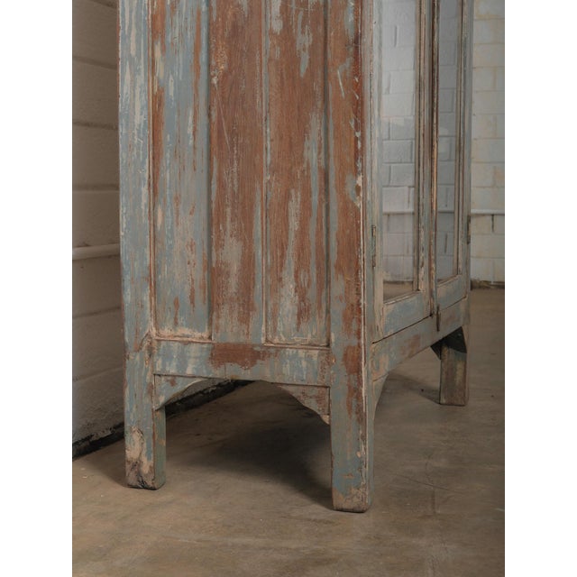 Distressed Glass-Front Cabinet With Weathered Blue Finish For Sale - Image 4 of 5