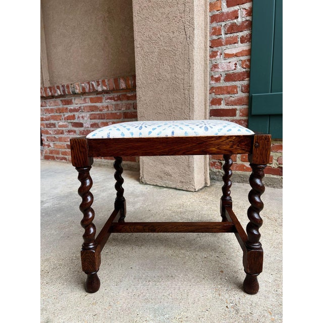 Antique English Oak Barley Twist Stool Bench Jacobean Revival Upholstered C1910 For Sale - Image 15 of 18