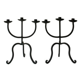 Mid-Century Brutalist Wrought Iron Candlesticks in the style of Marolles Artisans, France, 1950s, Set of 2 For Sale