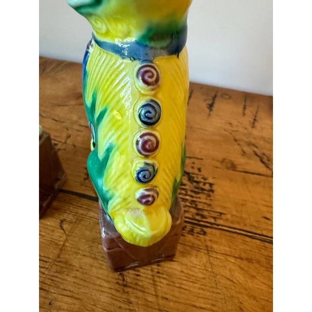 Ceramic Pair of Vintage Colorful Small Chinese Porcelain Foo Dogs For Sale - Image 7 of 9