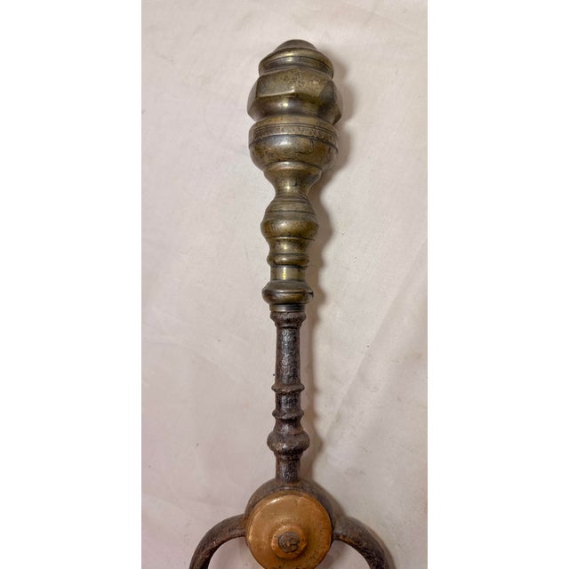 18th Century Antique 18th Century Wrought Iron Turned Brass English Fireplace Tongs Tool 27 For Sale - Image 5 of 11