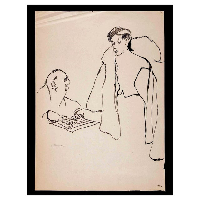 Mino Maccari, The Visit, Ink Drawing, 1965 For Sale