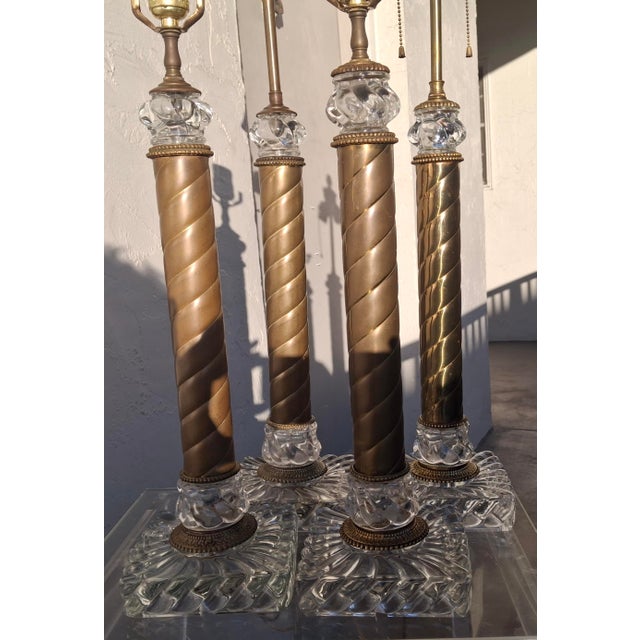 French 1920's Tall French Baccarat Columnar Crystal & Brass Swirl Table Lamps Set of 4 For Sale - Image 3 of 12