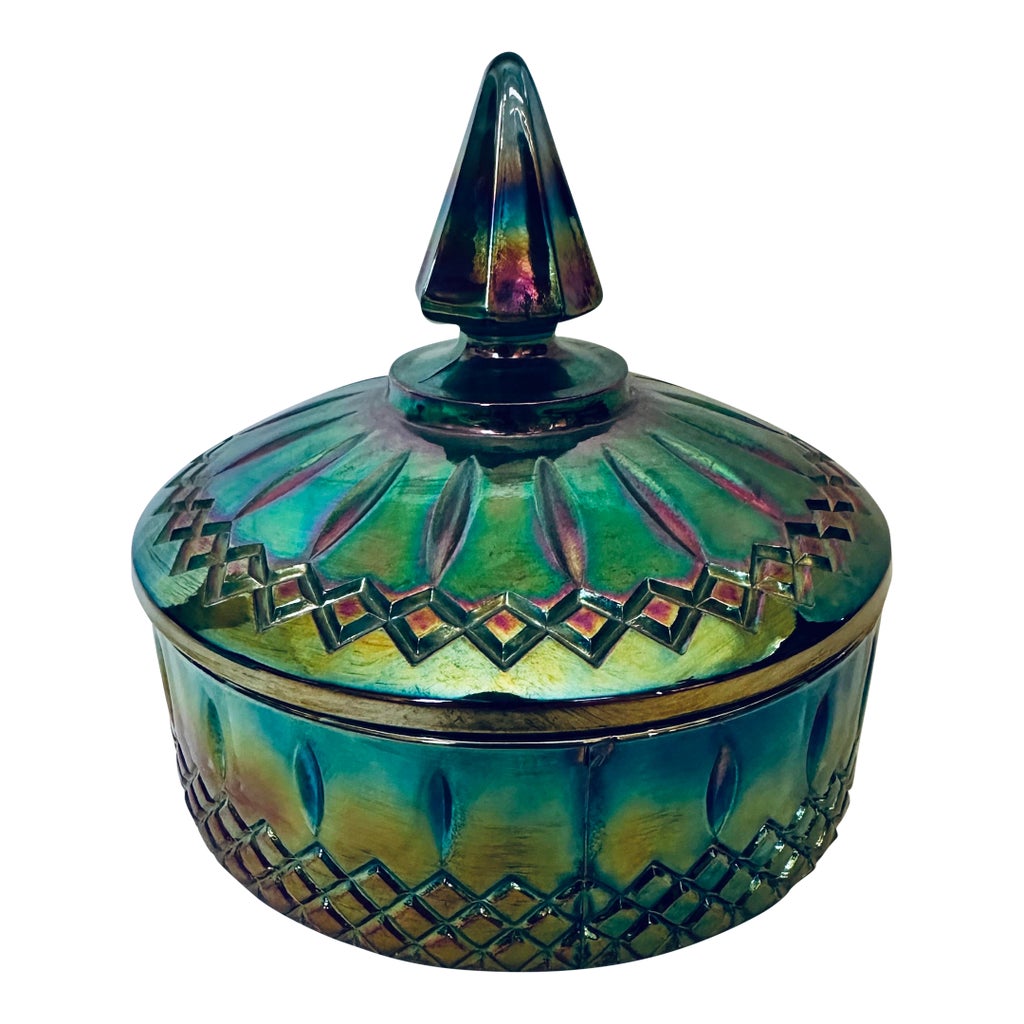 Carnival glass candy dish for $2. The history of these is so  Vintage Carnival Candy Dish with lid display picture 1