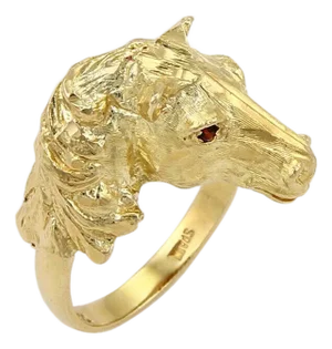 Mid 20th Century Horse Head Ring Ruby Eyes 18K Yellow Gold Size 5.5
